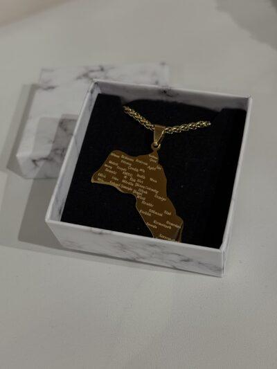 Collier Kurdistan Doré acier inoxydable – Carte Gravée avec Noms des Villes Kurdes