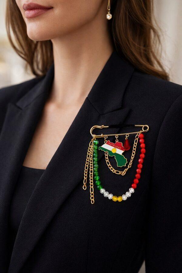 Broche Kurde Traditionnelle Dorée – Épingle Décorative Kurdistan (Drapeau & Chaînes) | Accessoire Tenue Kurde Homme & Femme