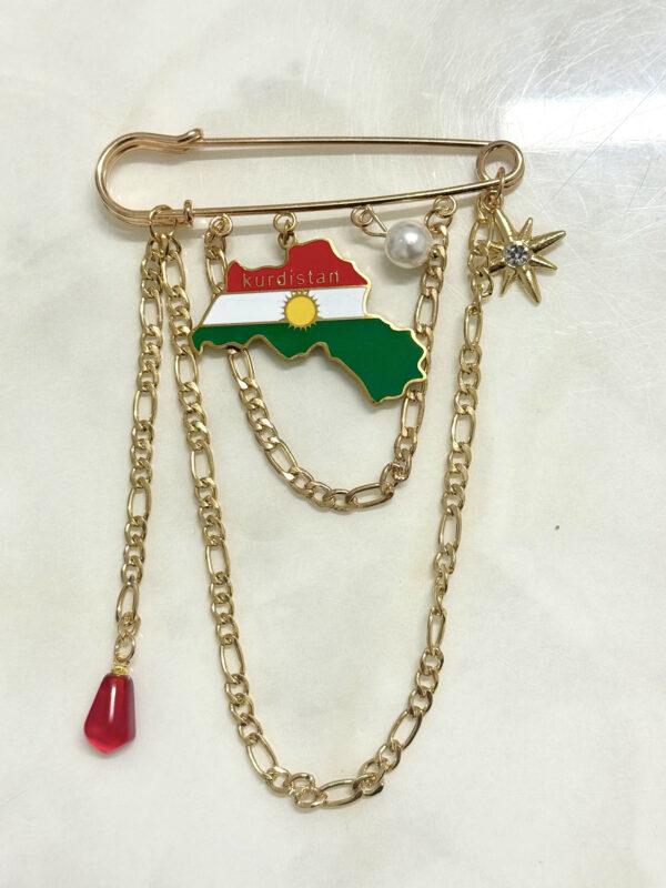 Broche Kurde Traditionnelle Dorée – Épingle Décorative Kurdistan (Drapeau & Chaînes) | Accessoire Tenue Kurde Homme & Femme
