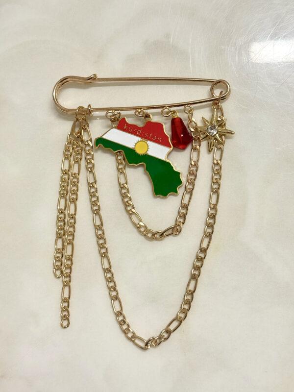 Broche Kurde Traditionnelle Dorée – Épingle Décorative Kurdistan (Drapeau & Chaînes) | Accessoire Tenue Kurde Homme & Femme
