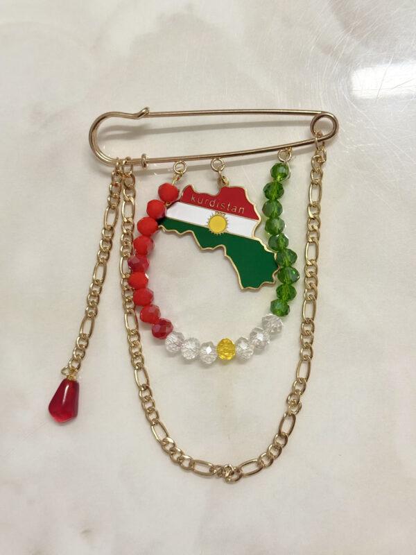 Broche Kurde Traditionnelle Dorée – Épingle Décorative Kurdistan (Drapeau & Chaînes) | Accessoire Tenue Kurde Homme & Femme