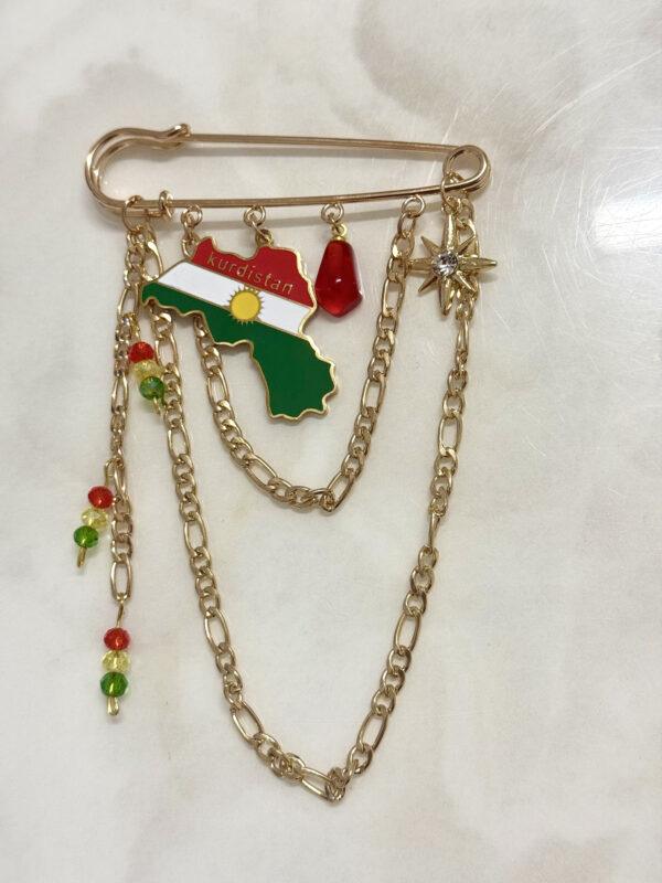 Broche Kurde Traditionnelle Dorée – Épingle Décorative Kurdistan (Drapeau & Chaînes) | Accessoire Tenue Kurde Homme & Femme
