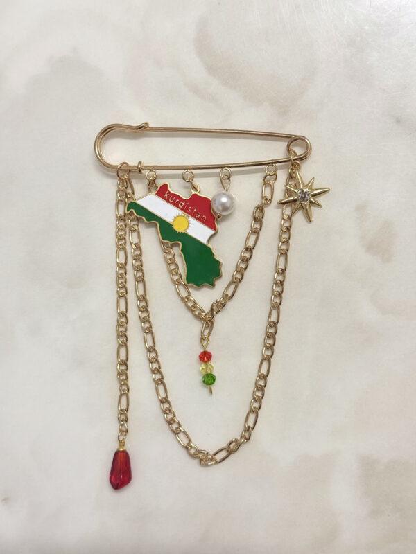 Broche Kurde Traditionnelle Dorée – Épingle Décorative Kurdistan (Drapeau & Chaînes) | Accessoire Tenue Kurde Homme & Femme