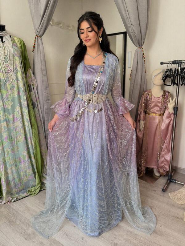 ROBE KURDE FISTAN HEVI DEGRADÉ VIOLET BLEU Robe Kurde Dégradé HEVÎ – Fistan Élégant Bleu & Violet avec Paillettes